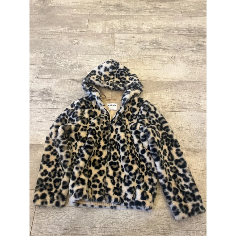Old Navy Girls Leopard‎ Faux Fur Hooded Jacket Size L 10 12 Winter Warm